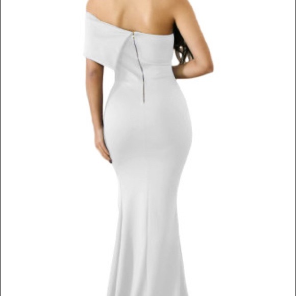 White Floor-Length Off Shoulder Dress with Slit - Picture 2 of 3
